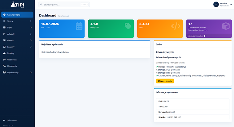 Dashboard panelu administracyjnego TIPIcms